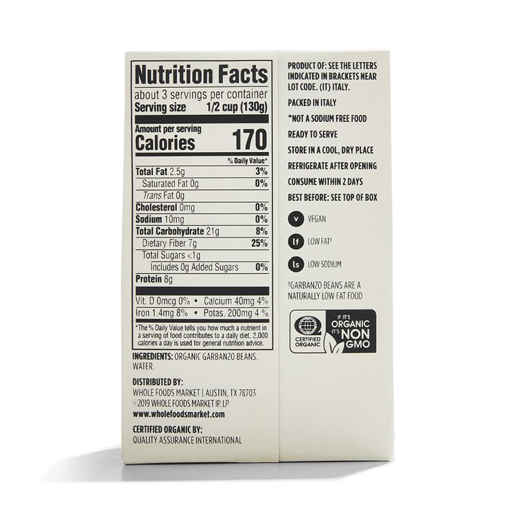 365 by Whole Foods Market organic garbanzo beans fiber rich plant protein for meals.