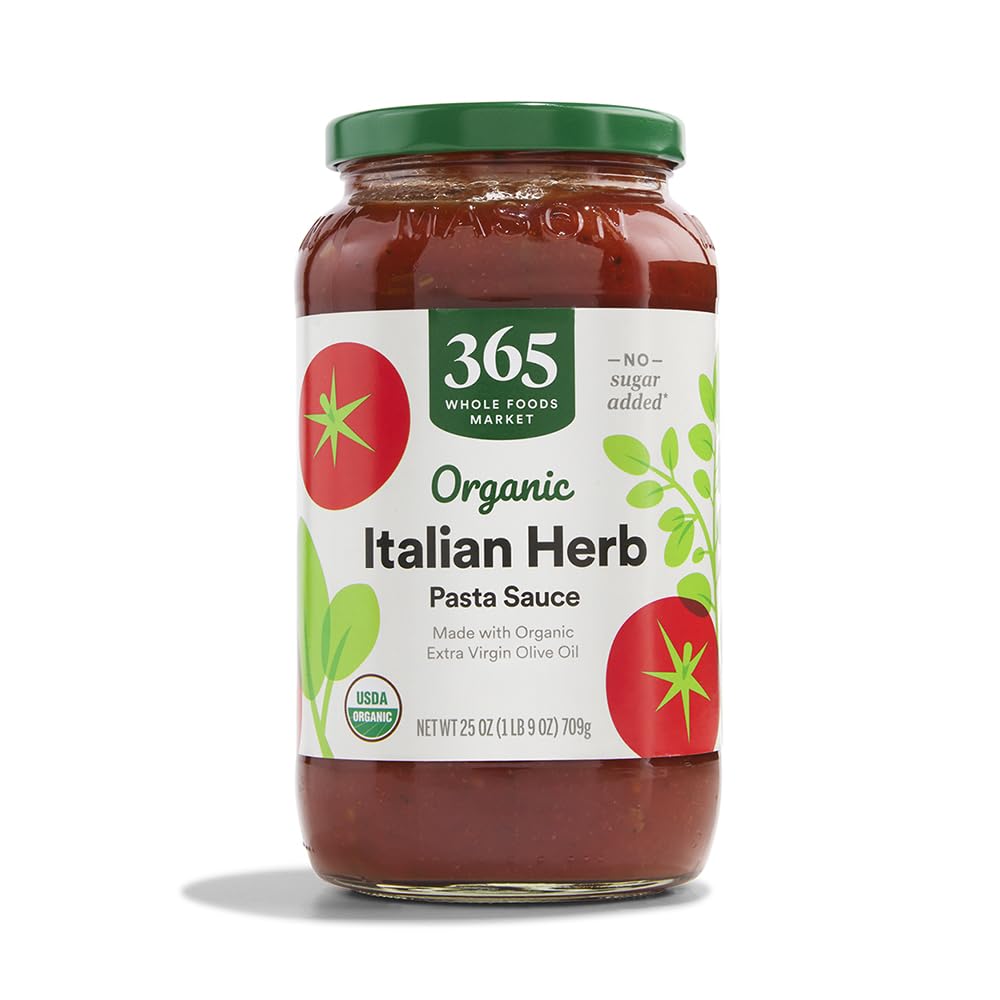 365 by Whole Foods Market Organic Italian Herb Pasta Sauce jar on shelf, ready for quick dinners.