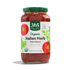 365 by Whole Foods Market Organic Italian Herb Pasta Sauce jar on shelf, ready for quick dinners.