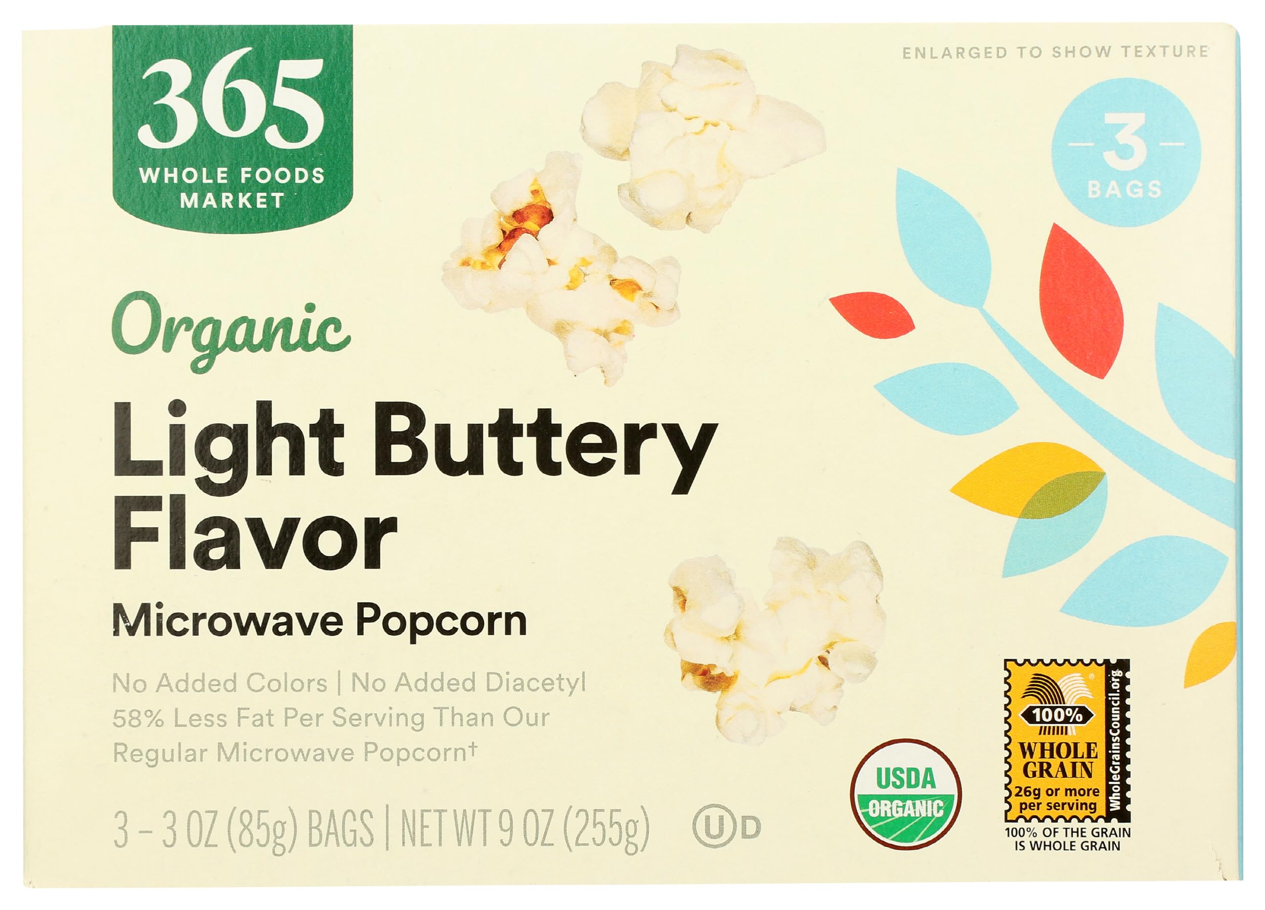365 by Whole Foods Market organic light butter popcorn bag closeup for a quick snack.