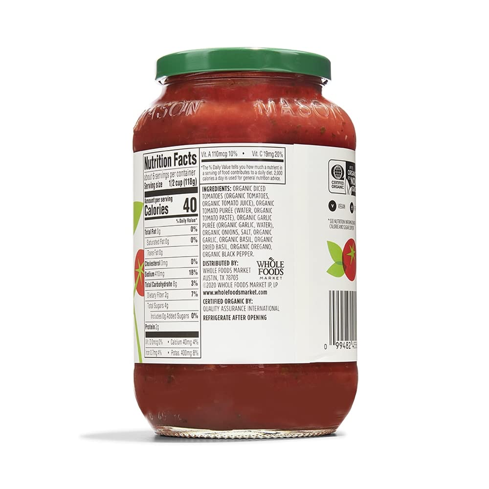 365 by Whole Foods Market organic marinara ingredients closeup, highlighting premium components.