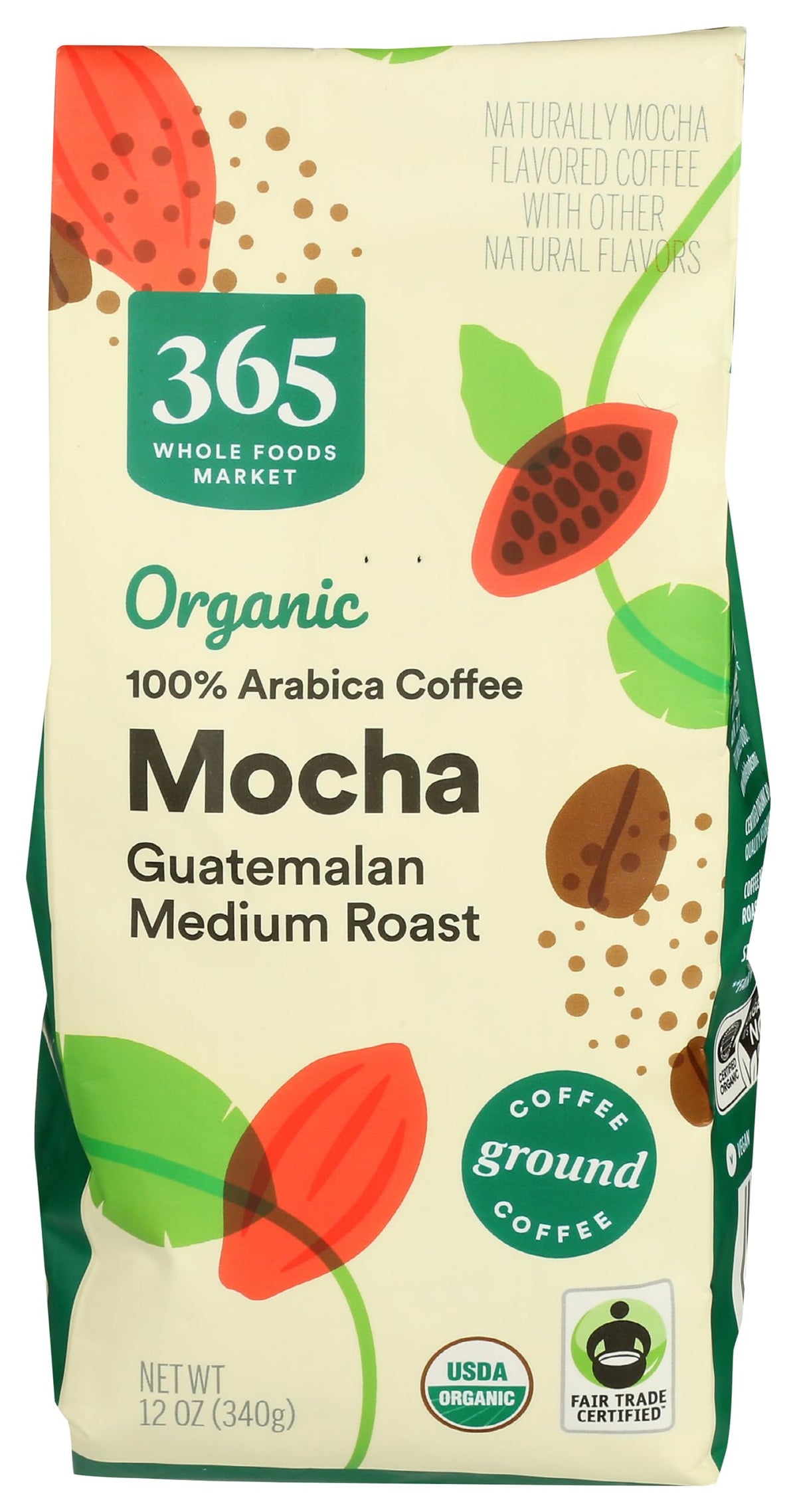 365 by Whole Foods Market Organic Mocha Ground Coffee 12oz bag, inviting aroma.