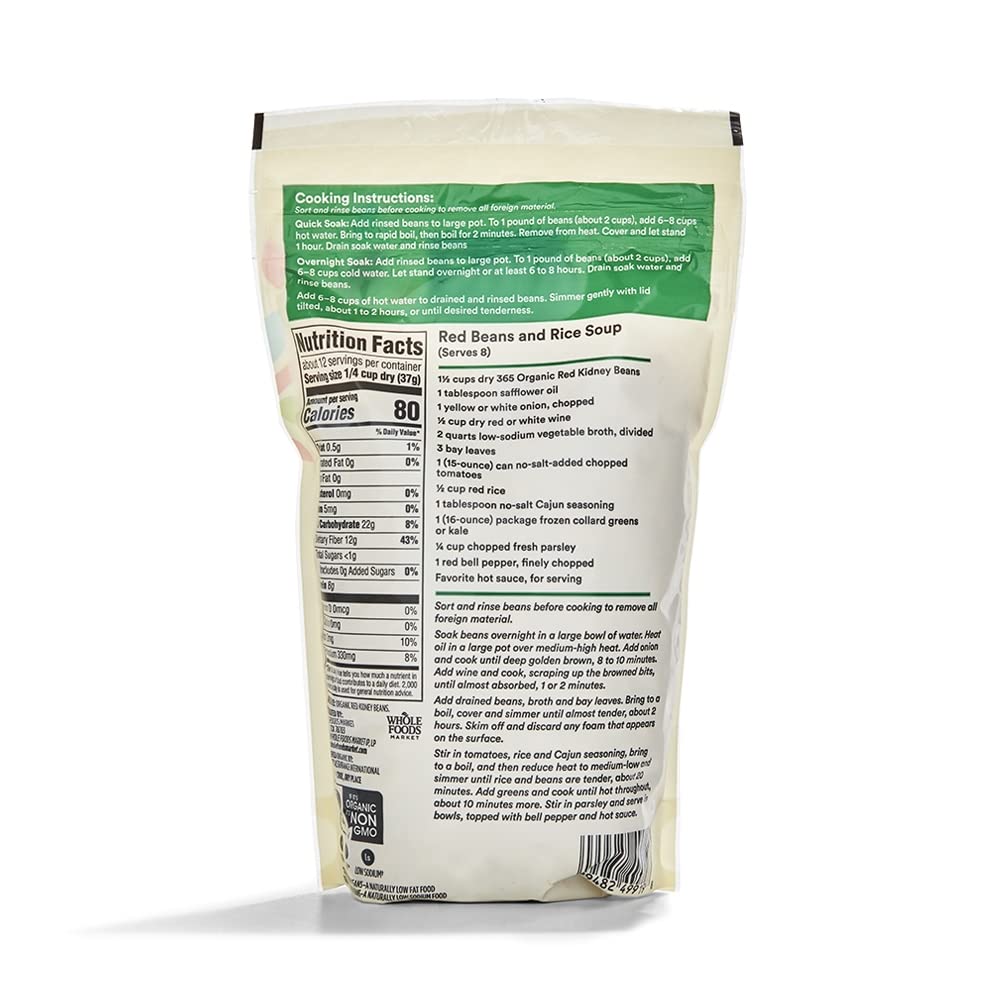 Close-up of the 365 by Whole Foods Organic Red Kidney Beans label highlighting organic certification