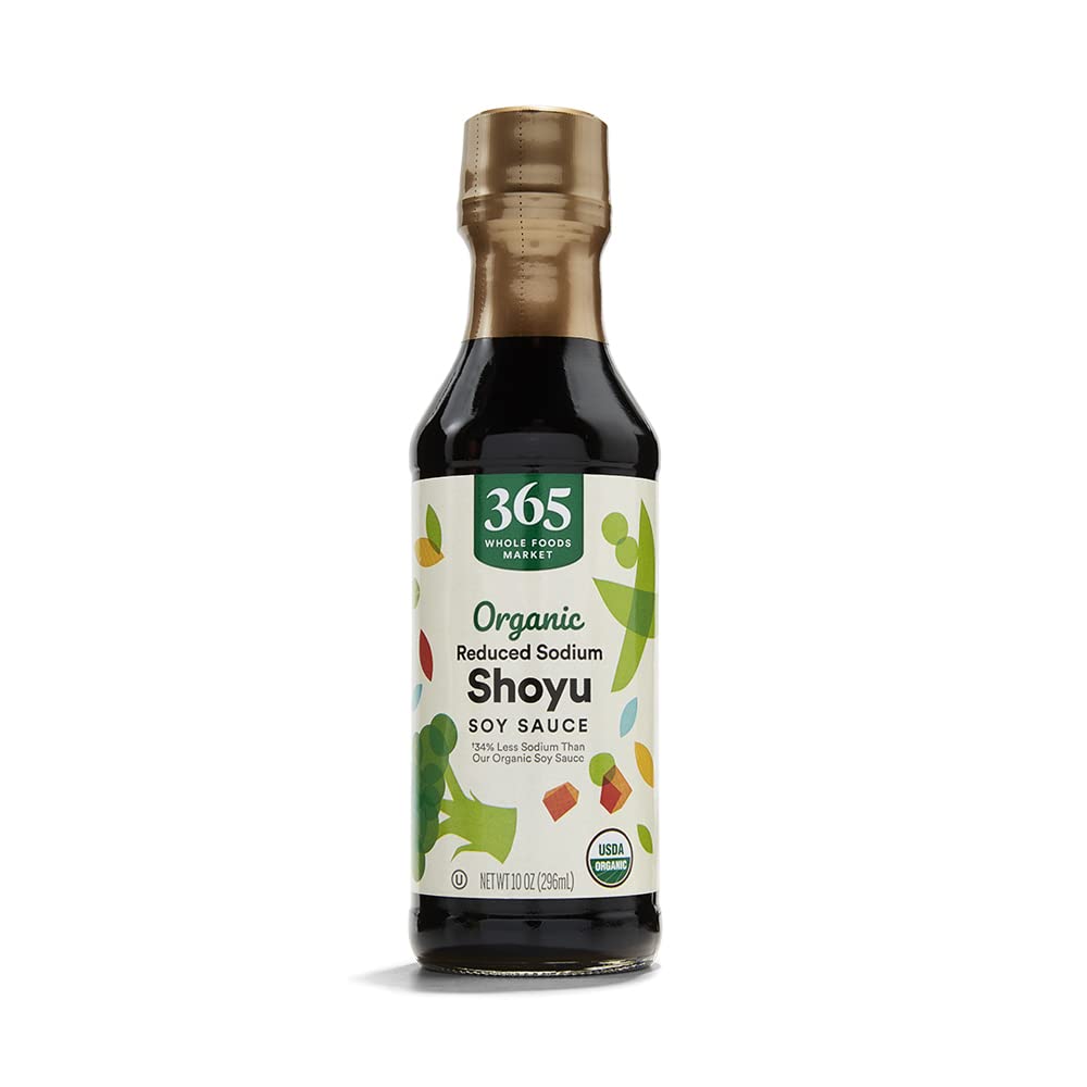 365 by Whole Foods Market organic reduced-sodium shoyu bottle, ideal for lighter flavor in recipes.