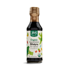 365 by Whole Foods Market organic reduced-sodium shoyu bottle, ideal for lighter flavor in recipes.