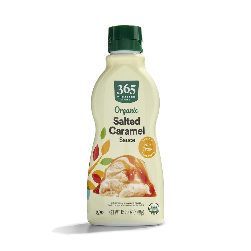 365 by Whole Foods Organic Salted Caramel Sauce jar front, versatile dessert topping.