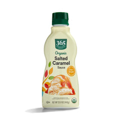 365 by Whole Foods Organic Salted Caramel Sauce jar front, versatile dessert topping.