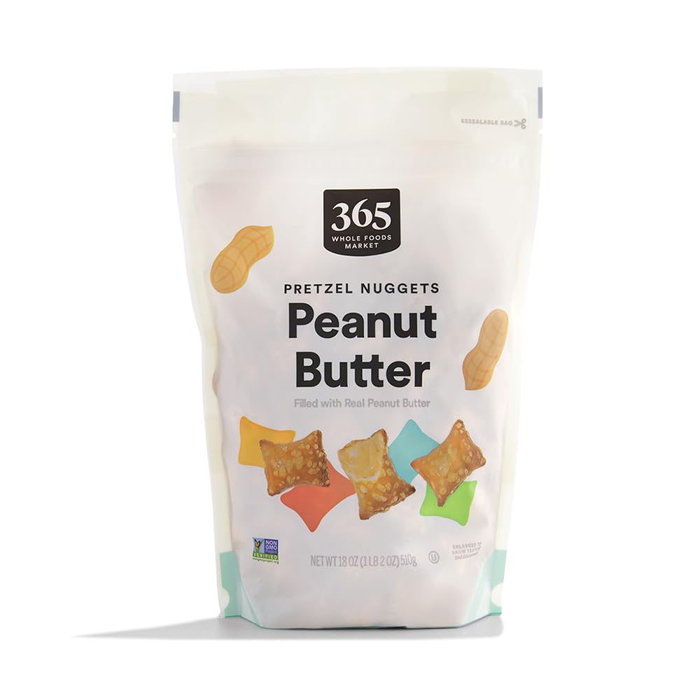 365 by Whole Foods package front shows grab-and-go peanut butter pretzel nuggets