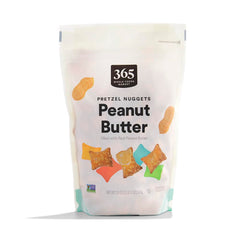 365 by Whole Foods package front shows grab-and-go peanut butter pretzel nuggets