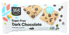 365 by Whole Foods Market sugar-free dark chocolate baking chips bag front, ideal for sugar-conscious bakers.