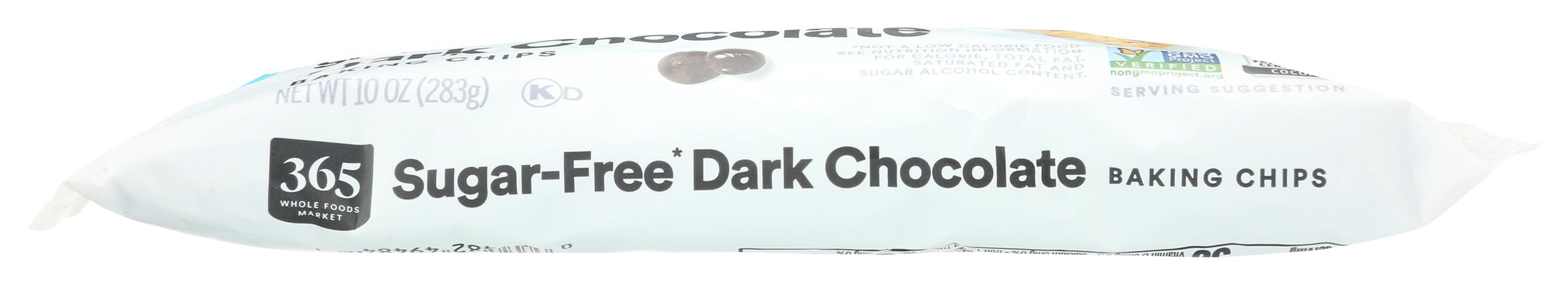 365 by Whole Foods Market sugar-free dark chocolate baking chips cocoa aroma closeup.
