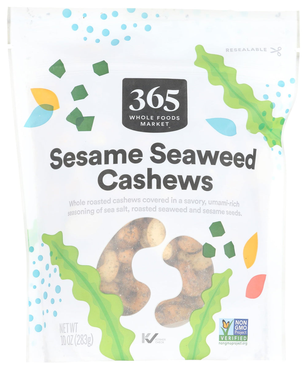365 Cashews Seaweed Seasoned front package highlights savory crunch for on-the-go snacking.