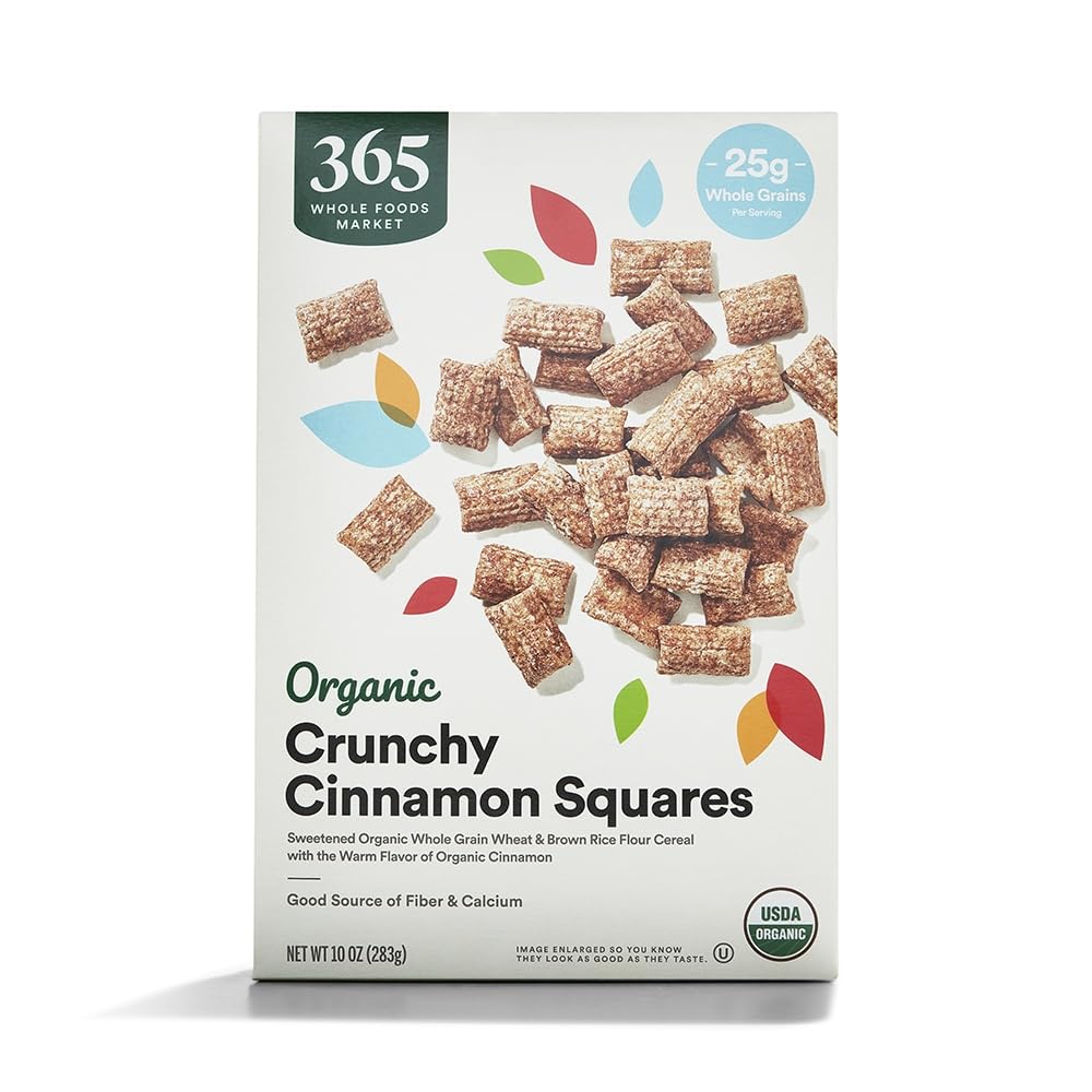 365 by Whole Foods Market Crunchy Cinnamon Squares cereal in a bowl for quick breakfast.