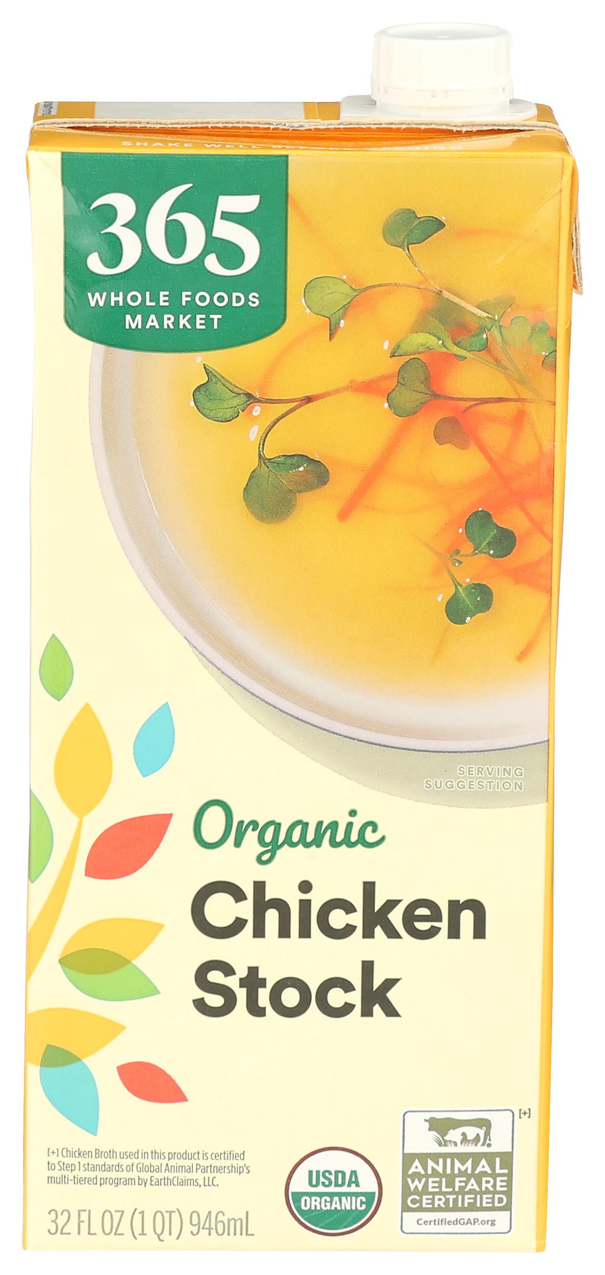 365 chicken stock carton label showing organic ingredients for clean cooking