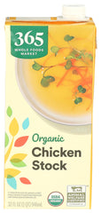 365 chicken stock carton label showing organic ingredients for clean cooking