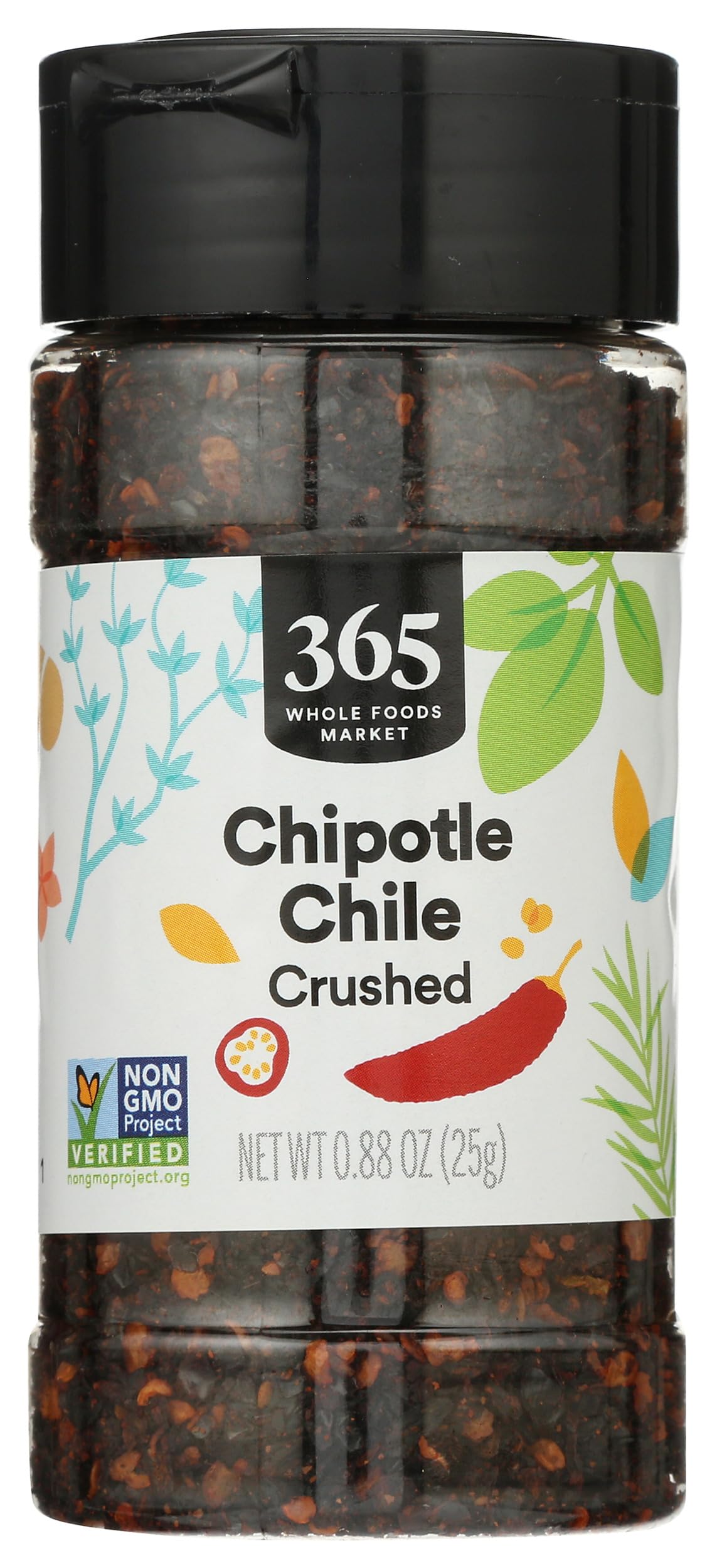 365 by Whole Foods Market chipotle chili crushed bottle shows smoky flakes