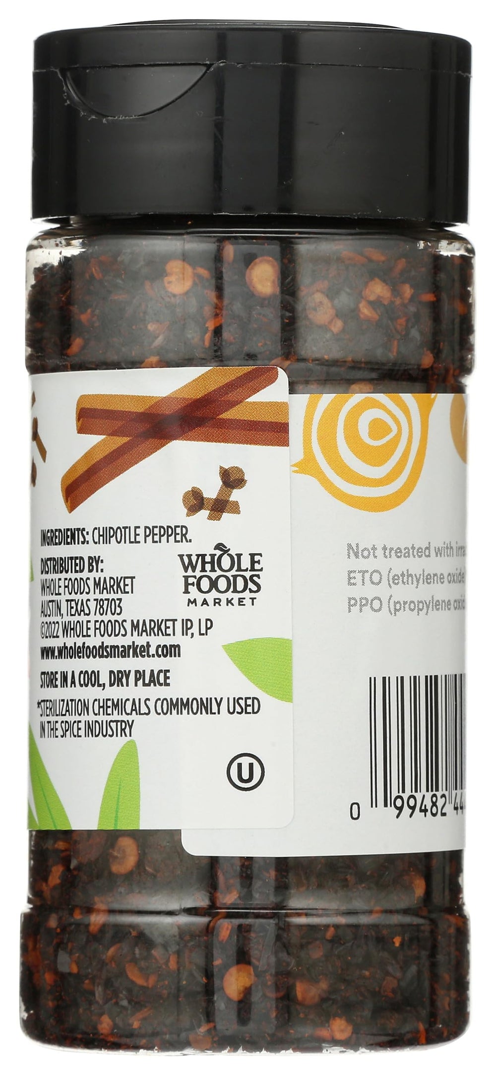 Close-up of crushed chipotle peppers in a 365 bottle