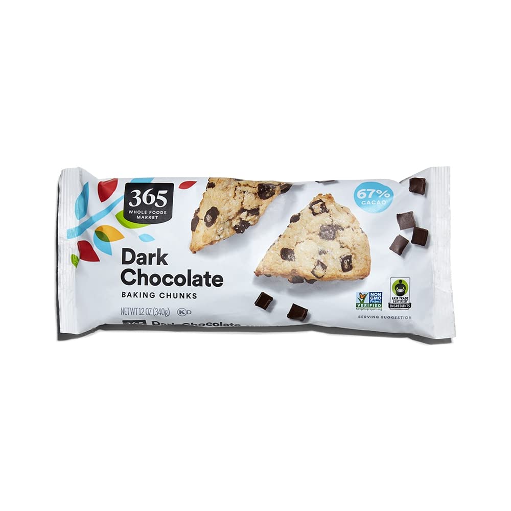 365 by Whole Foods Market dark chocolate baking chunks close-up packaging shows premium quality for baking