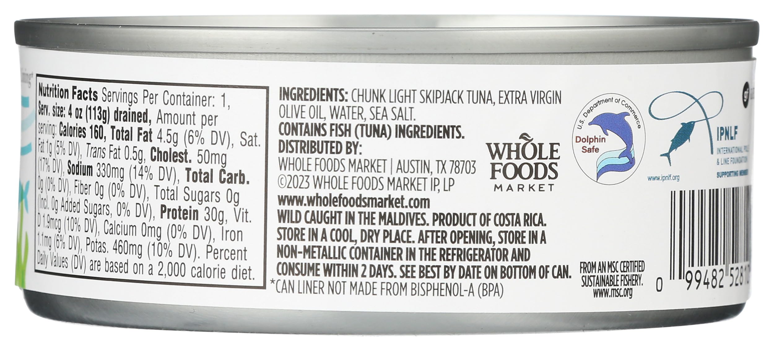 365 by Whole Foods Market dolphin-safe certified tuna in oil highlights sustainable seafood.