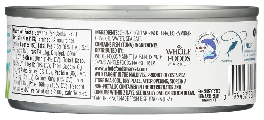 365 by Whole Foods Market dolphin-safe certified tuna in oil highlights sustainable seafood.