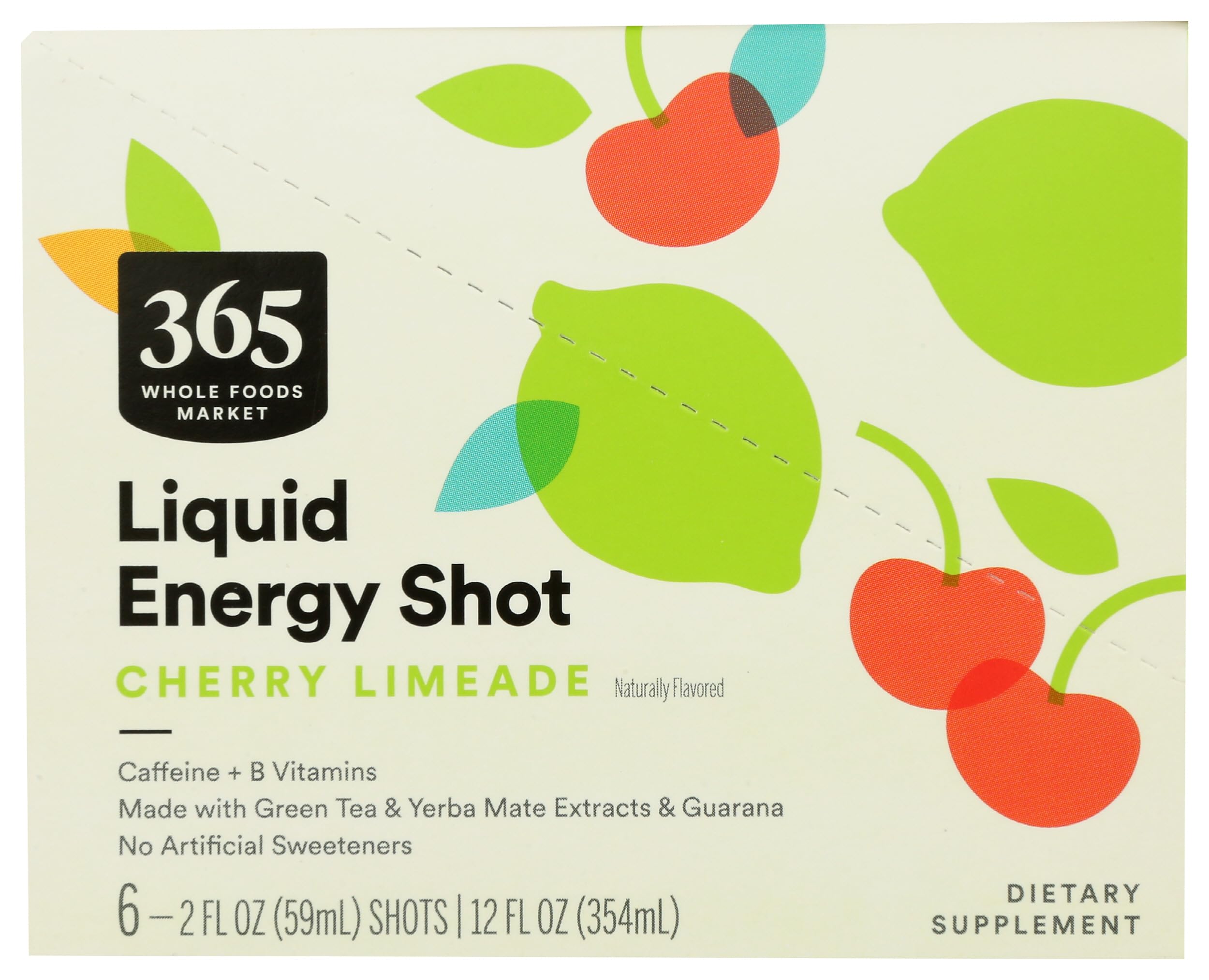 365 by Whole Foods Market Energy Shot Cherry Limeade label highlights flavor and clean ingredients.