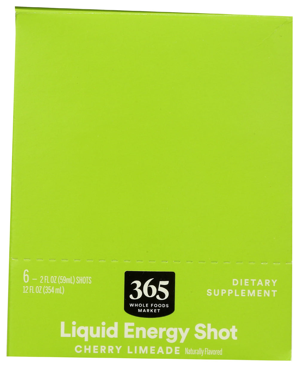 365 Energy Shot Cherry Limeade packaging emphasizes portability and a six-pack for travel.
