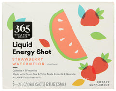 365 energy shot bottle pour showing strawberry watermelon flavor for a refreshing sip
