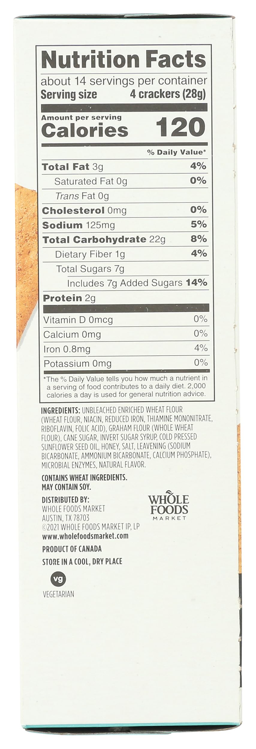 365 by Whole Foods Graham crackers pack closeup, showing crisp texture.