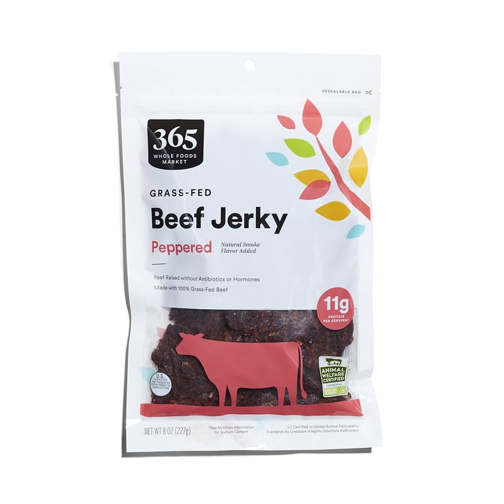 365 by Whole Foods Market grass-fed beef jerky peppered close-up; high-protein snack.