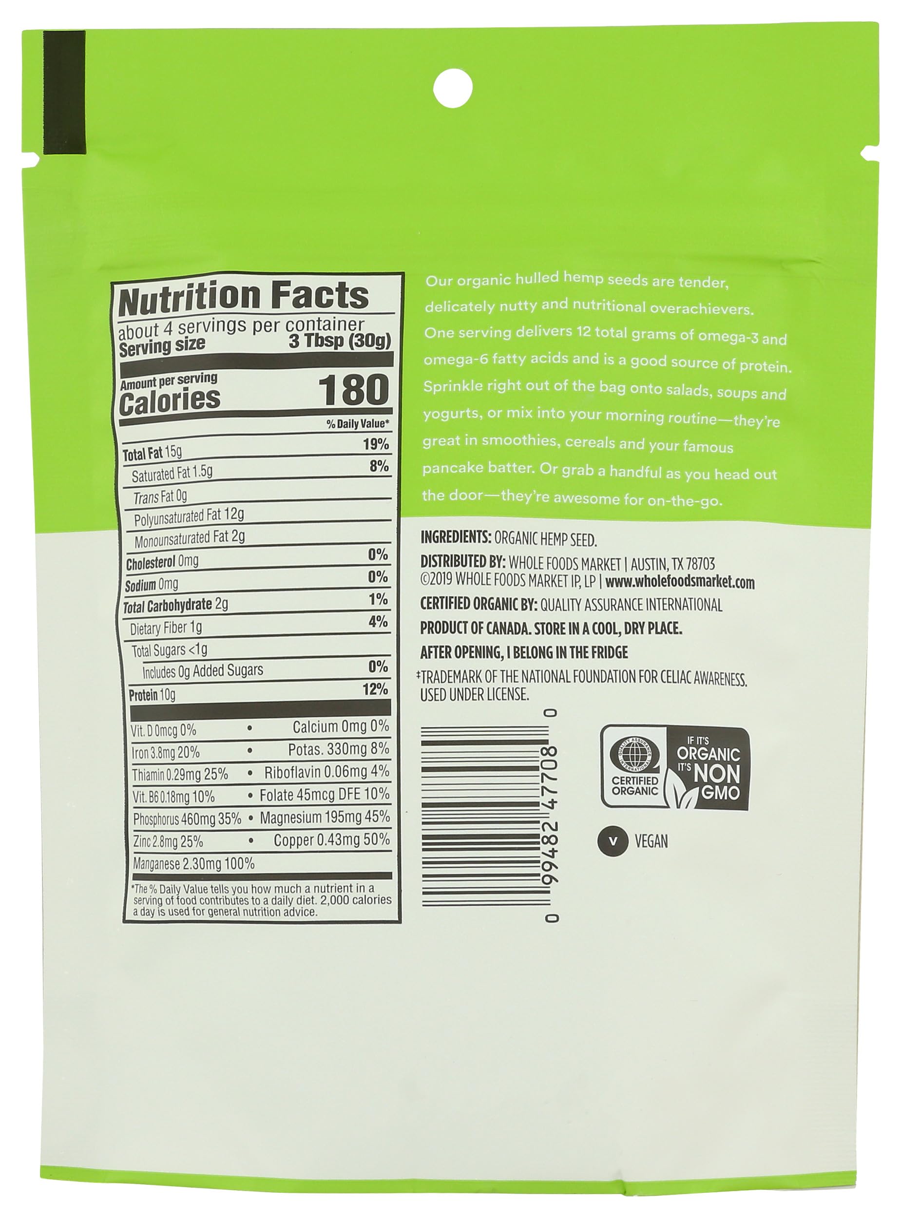 365 by Whole Foods Market hemp seeds—hulled and ready to add to meals.