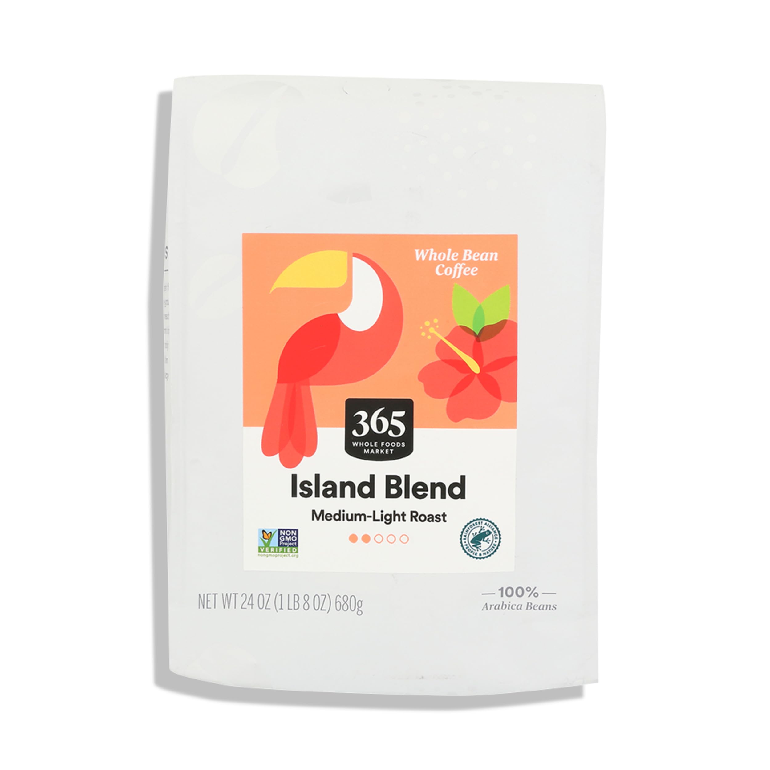 365 Island Blend coffee bag front highlights eco-friendly branding and fair trade