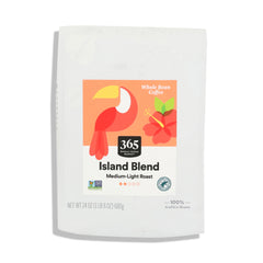 365 Island Blend coffee bag front highlights eco-friendly branding and fair trade