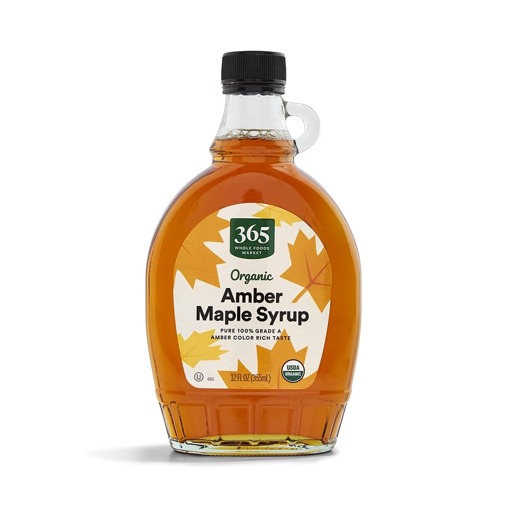365 Maple Syrup bottle on kitchen counter for breakfast drizzle