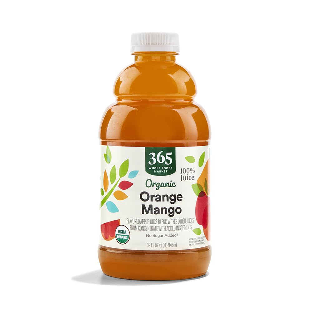 365 by Whole Foods Market Organic Orange Mango Juice bottle pour, refreshing breakfast option