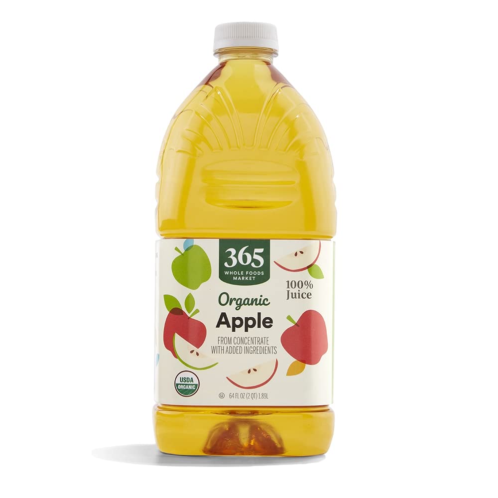 365 by Whole Foods Market organic apple juice bottle on a kitchen counter, ideal for family meals.