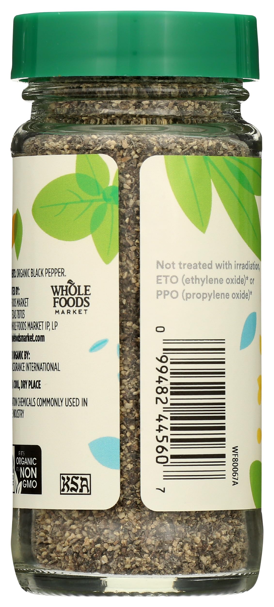 365 by Whole Foods Market Organic Black Pepper Ground label highlights organic, non-GMO, and kosher certifications.