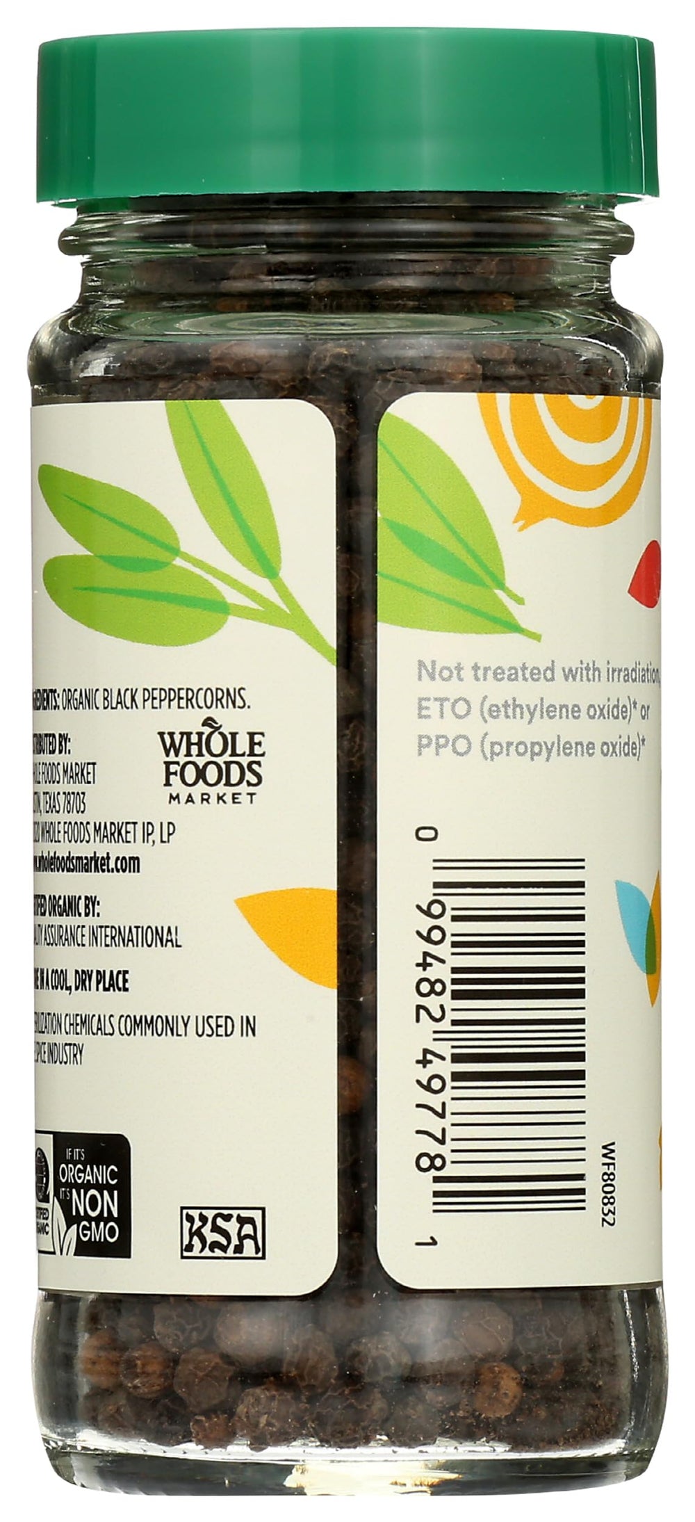 365 Organic Black Peppercorns bottle-closeup showing rich aroma and premium packaging.