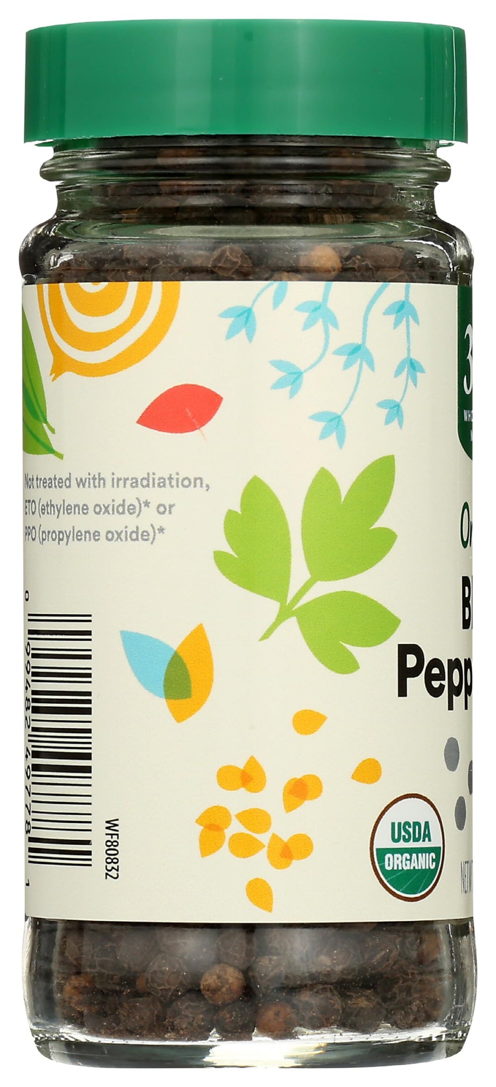 365 Organic Black Peppercorns kosher-certified packaging highlights quality.