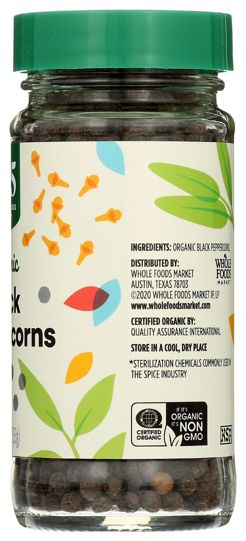 365 Organic Black Peppercorns shelf-stable jar suggests long-lasting flavor.