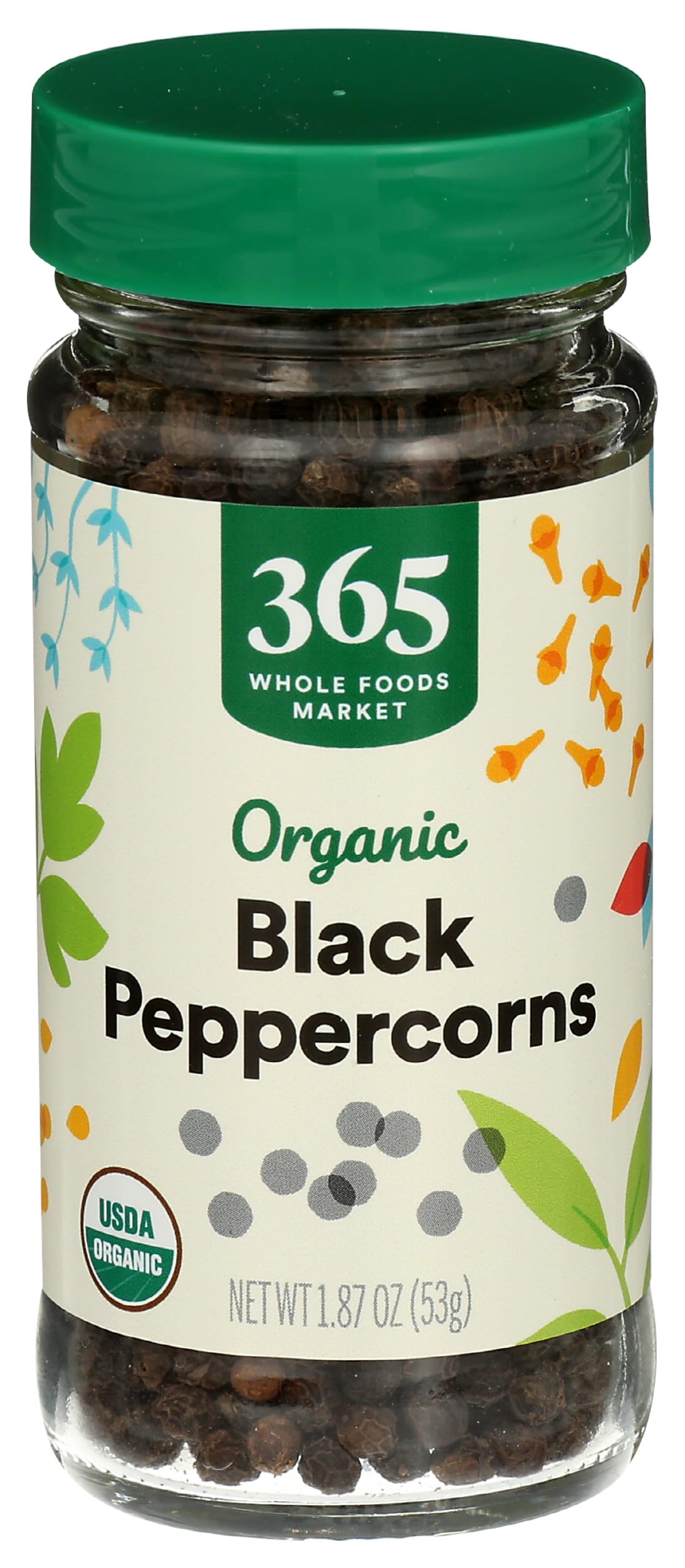 365 Organic Black Peppercorns in whole-bean form for fresh grinding and aroma.