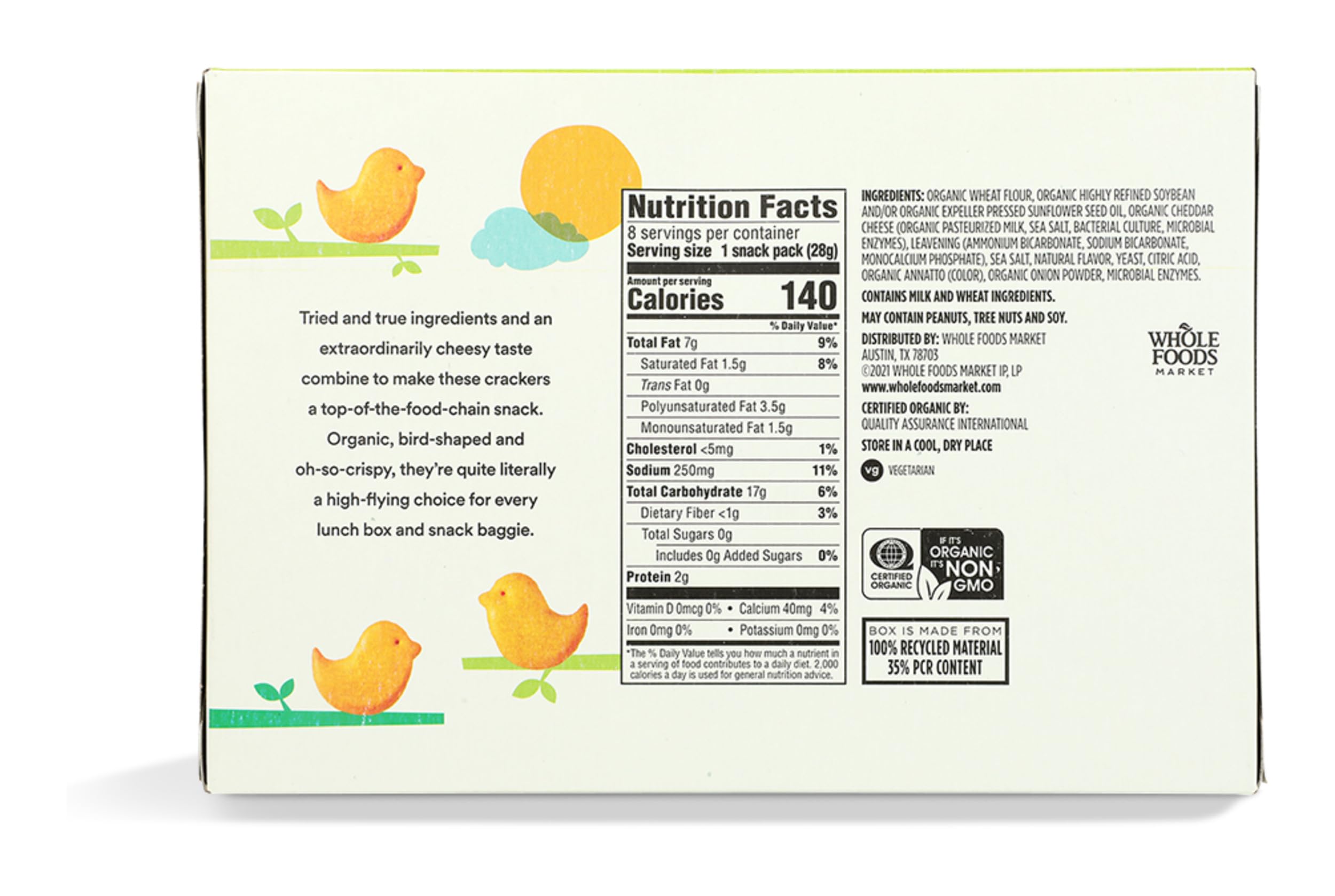 Organic cheddar chick crackers on a store shelf, kid-friendly packaging