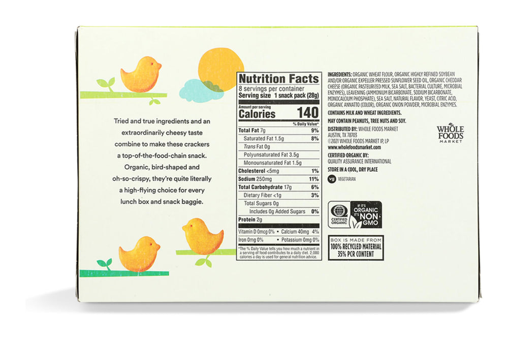 Organic cheddar chick crackers on a store shelf, kid-friendly packaging