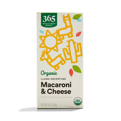365 by Whole Foods Market Organic Cheddar Macaroni Shapes box with llama adventure, perfect for kid-friendly meals.