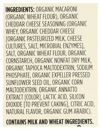 Ingredient highlights show organic cheddar and non-GMO certification for peace of mind.