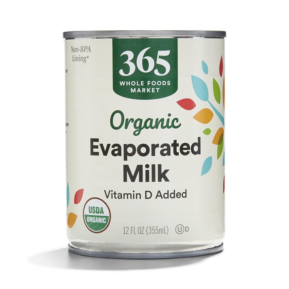 365 Organic Evaporated Milk bottle showcasing premium dairy for baking