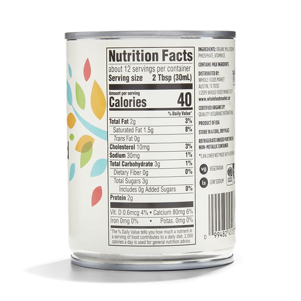 365 Organic Evaporated Milk label close-up with organic and non-GMO certification