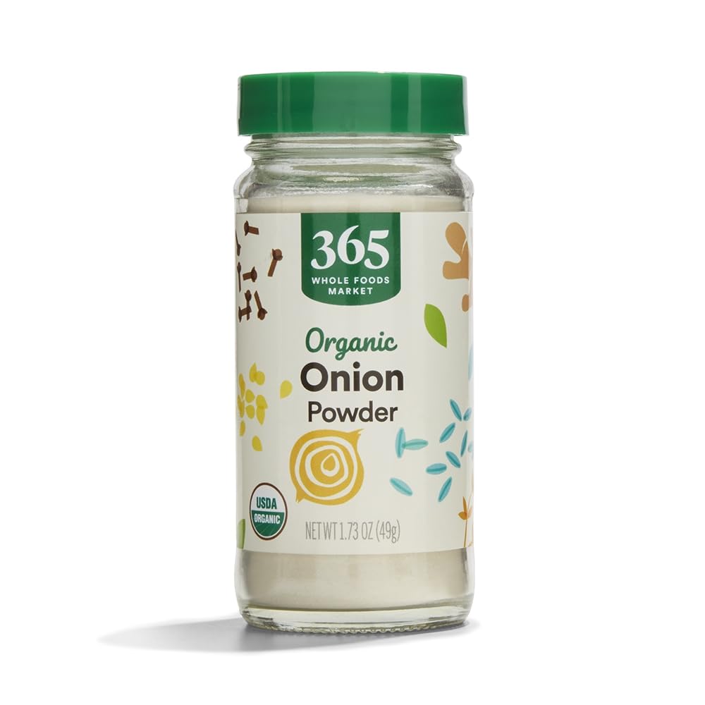 365 by Whole Foods Market organic onion powder jar close-up for versatile seasoning.