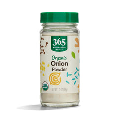 365 by Whole Foods Market organic onion powder jar close-up for versatile seasoning.