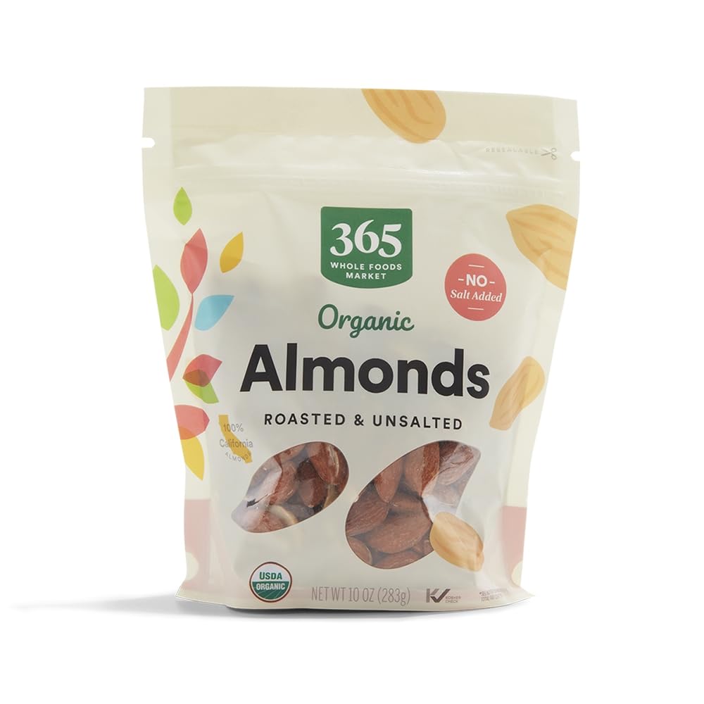 365 by Whole Foods Market organic roasted almonds in a 10-ounce package, great for quick snacking on the go.