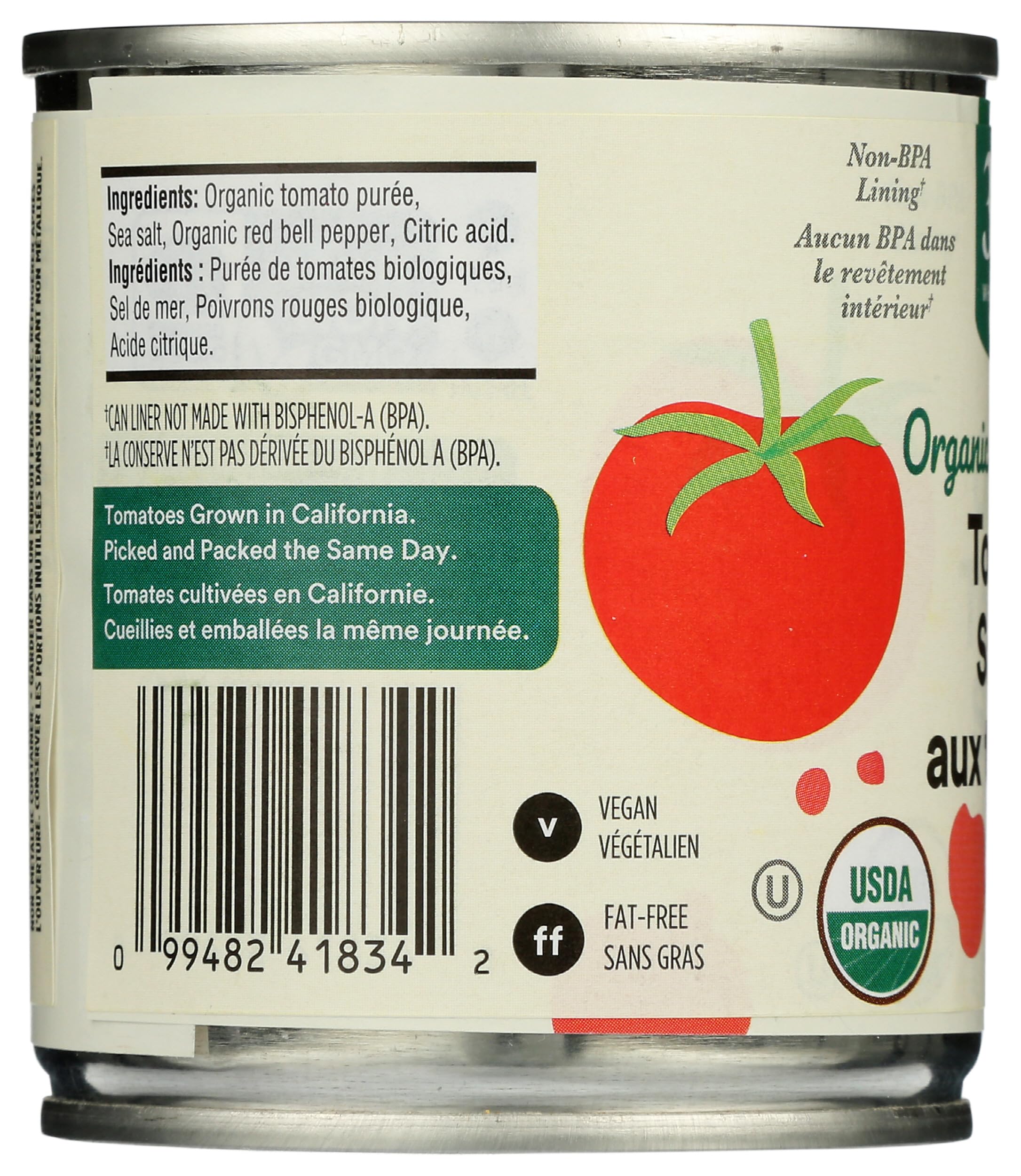 Label highlights California tomatoes for 365 Organic Tomato Sauce.